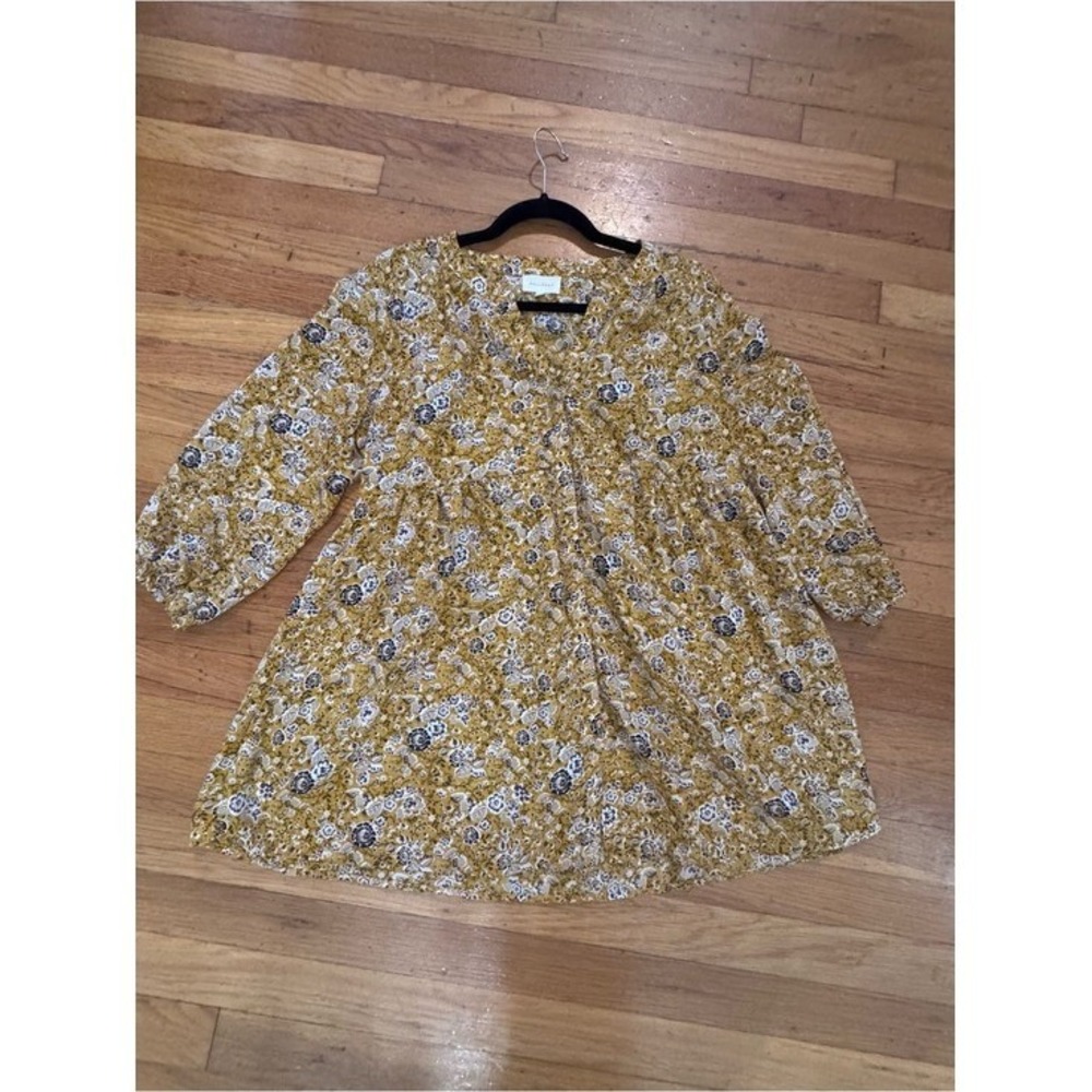 Melloday Women's Yellow Floral V-Neck 3/4 Sleeve Blouse Size M